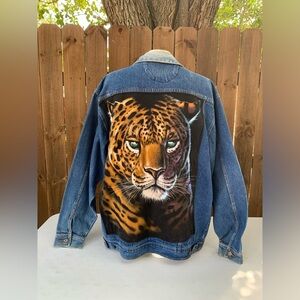 1998 Vintage Leopard Custom Reworked denim jacket size XLT.